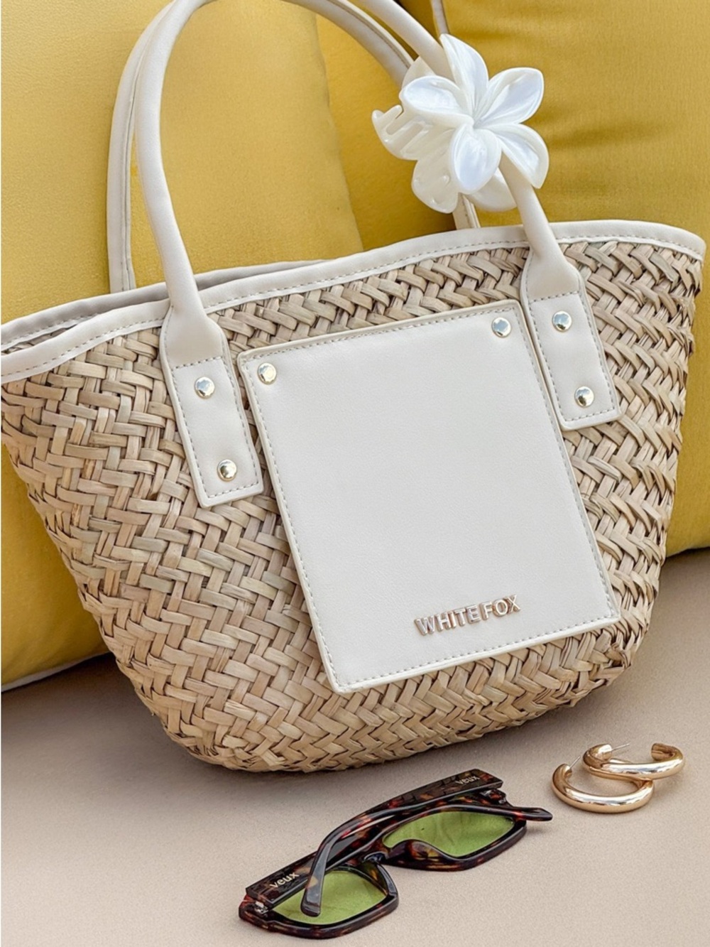 White Fox Vivienne Straw Top Handle Bag Cream - Picture 5 of 5